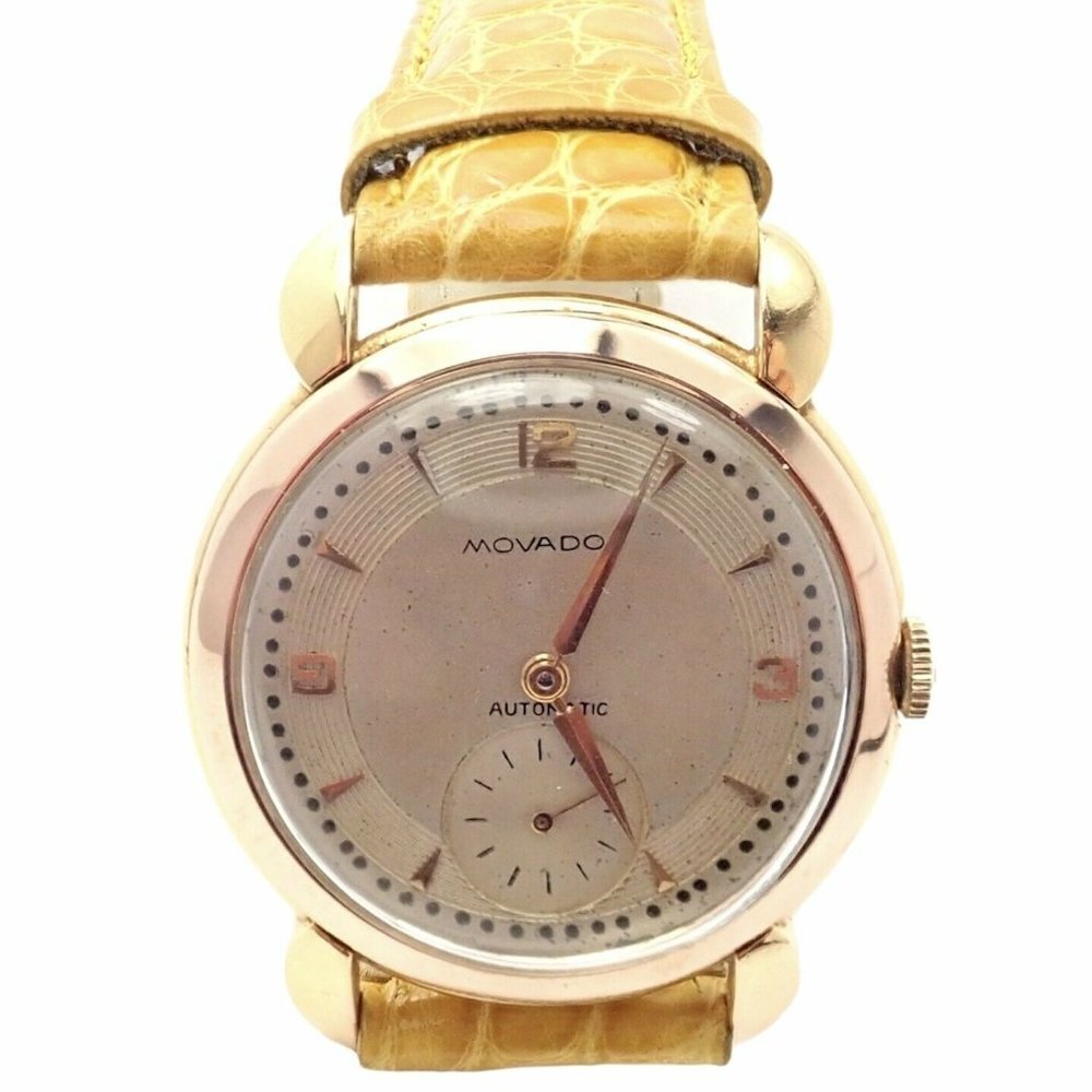 Movado 18k Yellow Gold Automatic Bumper Yellow Alligator Band Watch R8405​